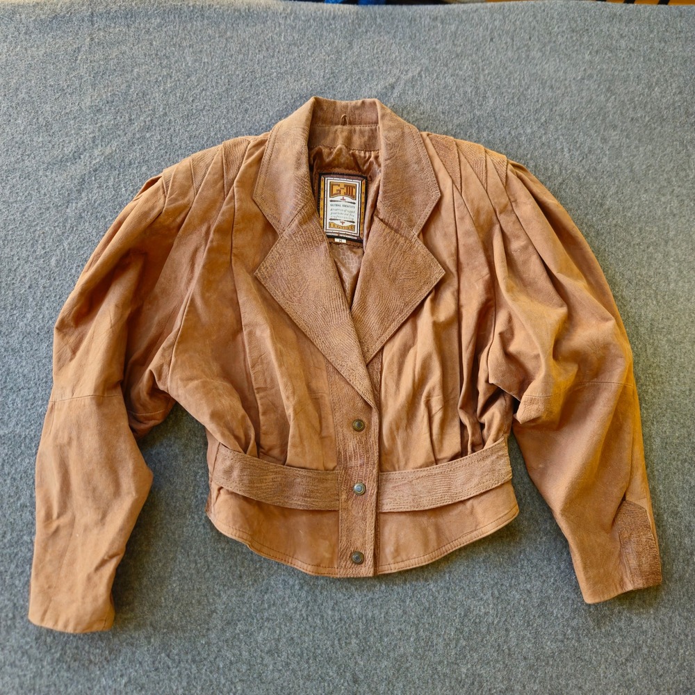 Vintage Global Identity GIII Leather Jacket M Tan Pleated Puff Shoulder Cropped